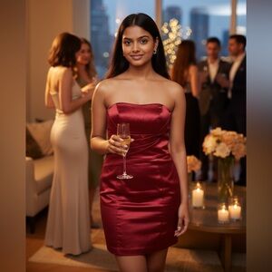Burgundy Red Satin Sleeveless Cocktail Dress